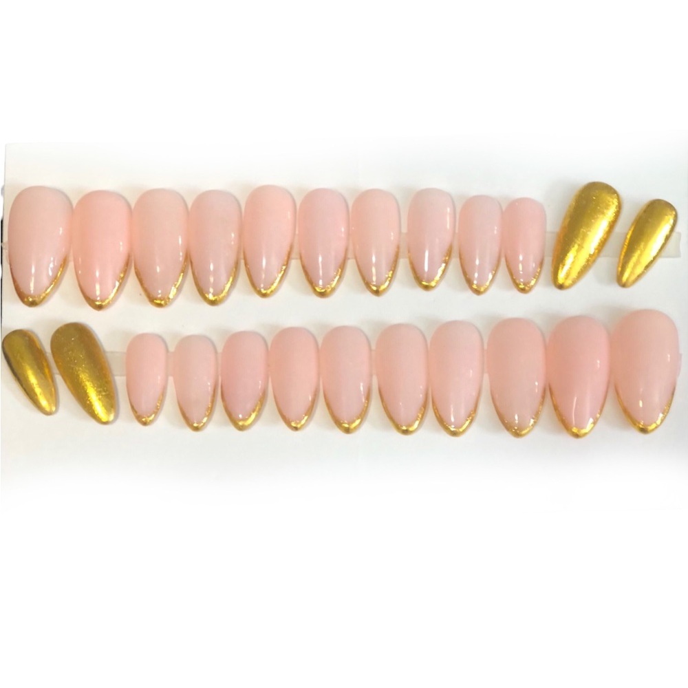 Handmade Press On Nails Med Length Almond Baby Pink Micro French Gold Metallic